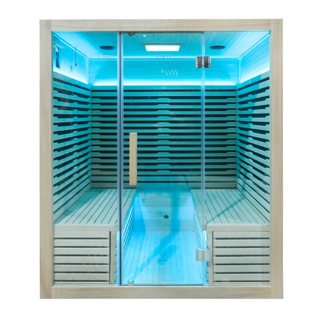 Modern twin seat infrared sauna with interior lighting