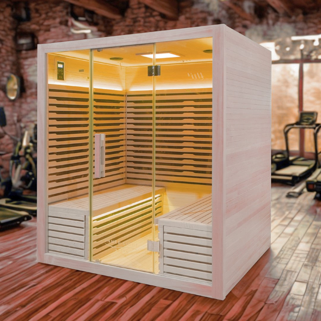 twin seat infrared sauna in a gym setting in seat