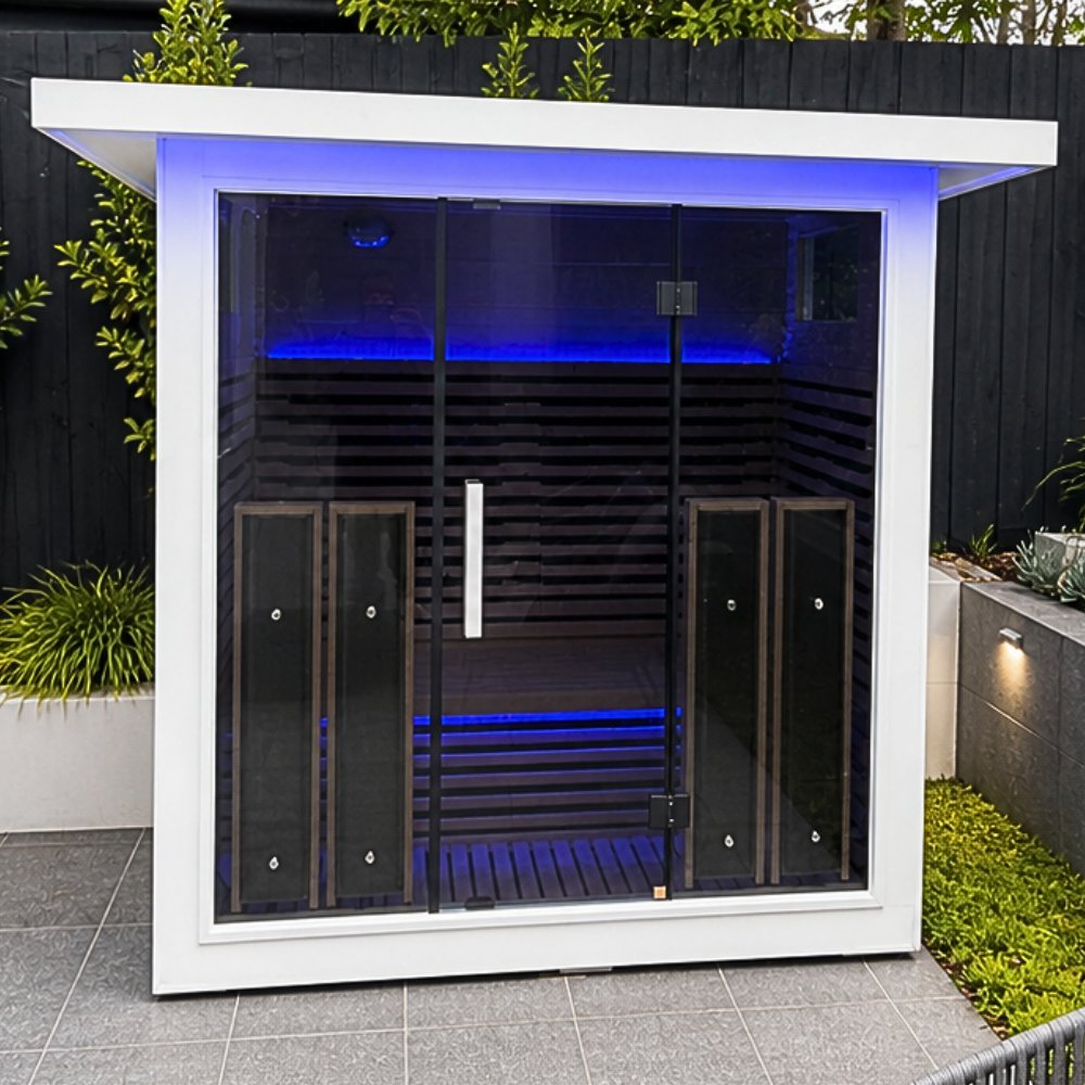 White aluminium outdoor sauna