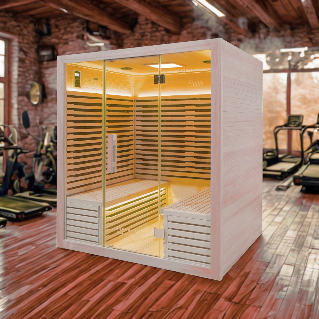 twin seat infrared sauna in a gym setting in seat 