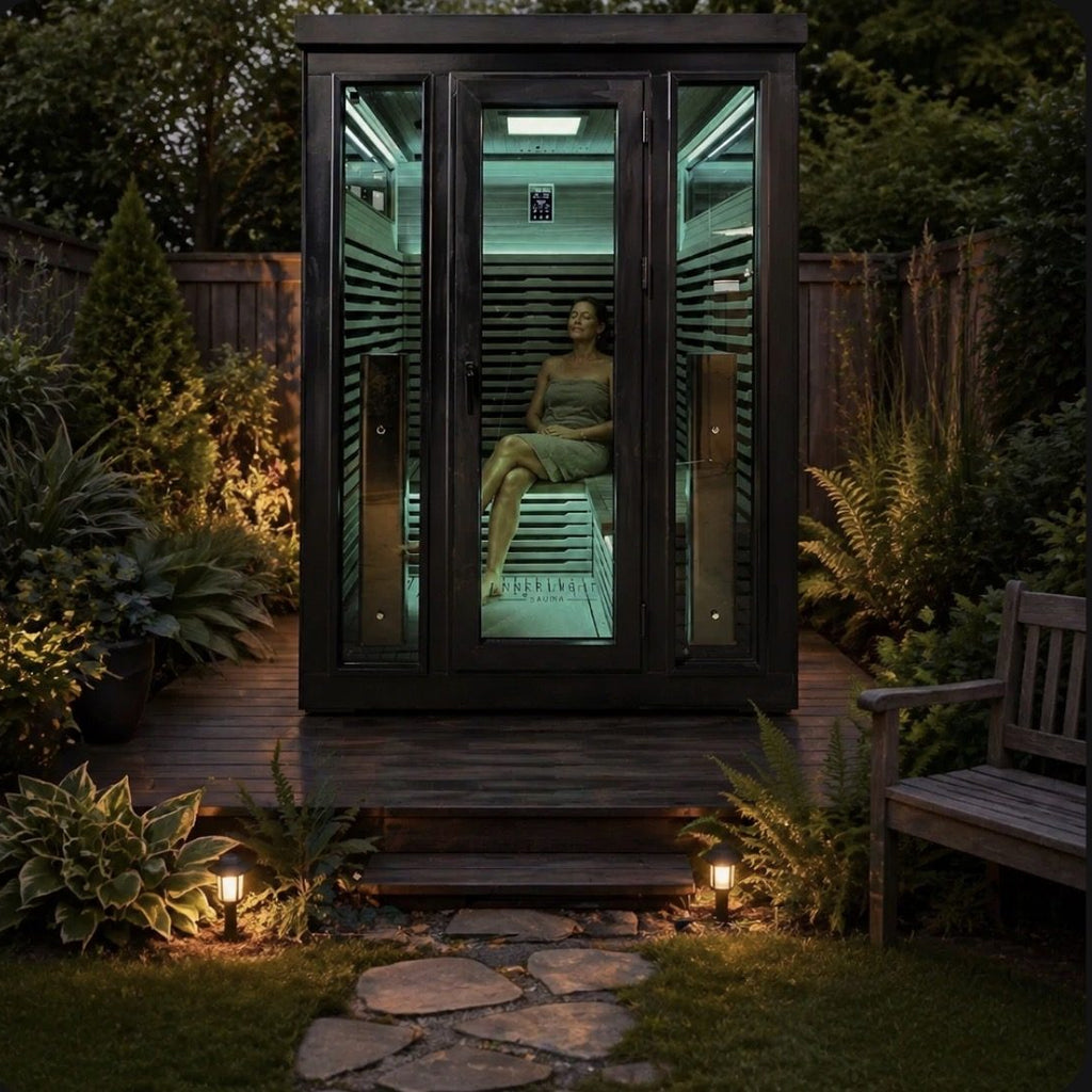 Bella Deluxe outdoor sauna installed on a deck in a leafy backyard